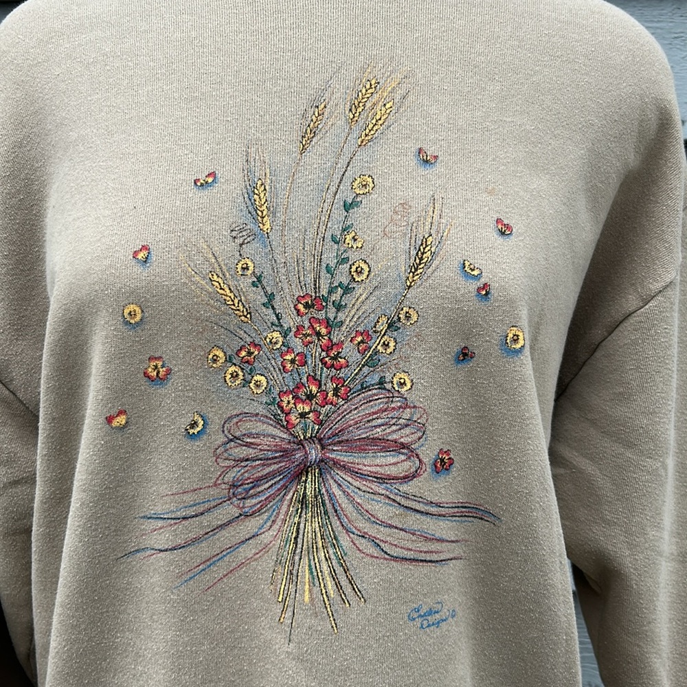Vintage Tumbleweed Wildflowers Bouquet Sweater Crewneck Pullover Light Brown XXL